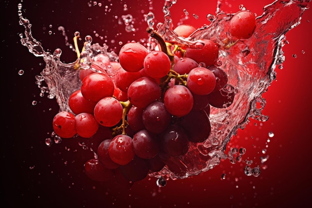 Red Grapes with water Splash on Red Background