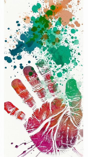 Red green abstract background with paint stains and handprint