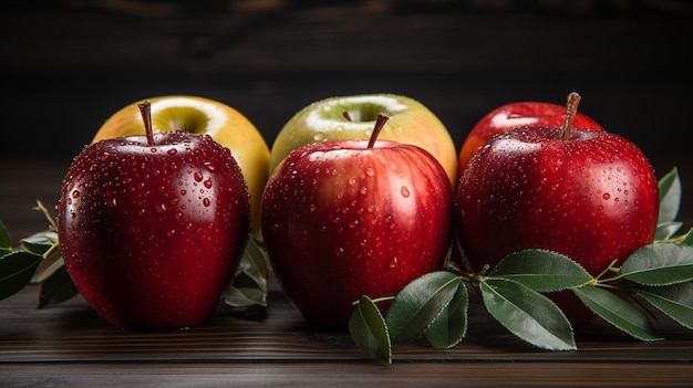 red and green apples on wooden background