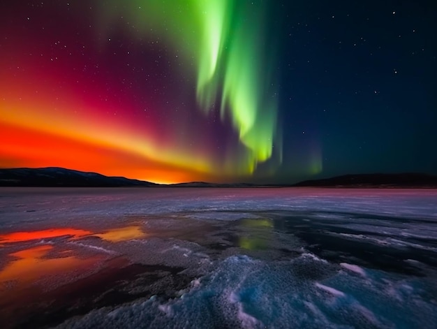 A red and green aurora borealis is above a frozen lake.