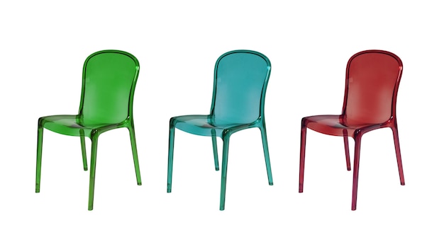 Red, green and blue acrylic transparent chairs isolated on white background