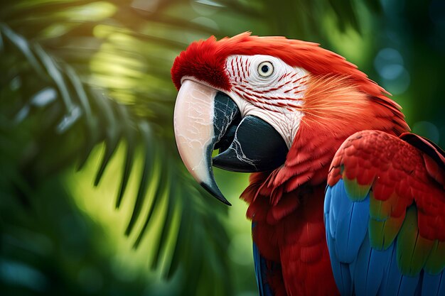 Red and green macaw in natural forest environment