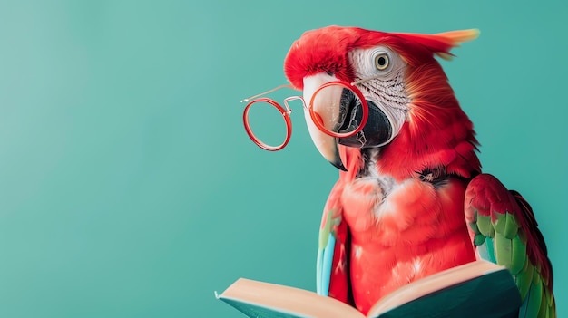 Photo a red and green macaw parrot is wearing round glasses and reading a book against a teal background