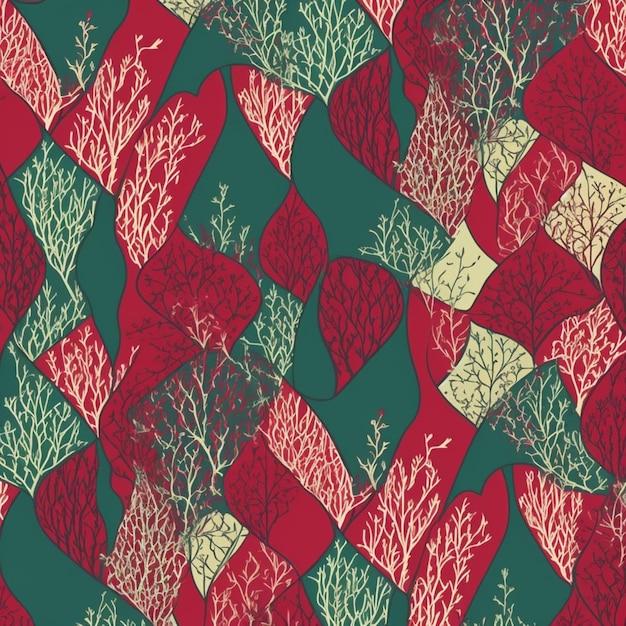 A red and green pattern with a seaweed and plants.