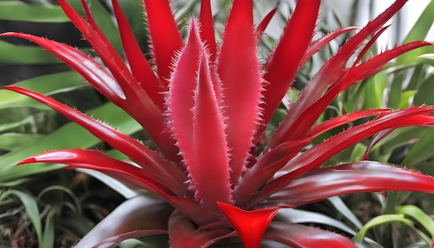 a red and green plant with red leaves and a red flower