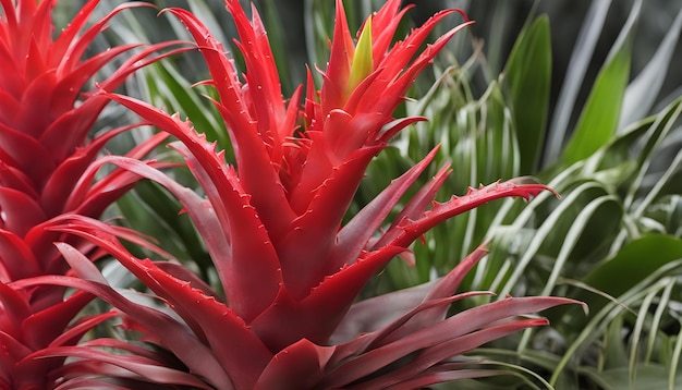 a red and green tropical plant with a red flower