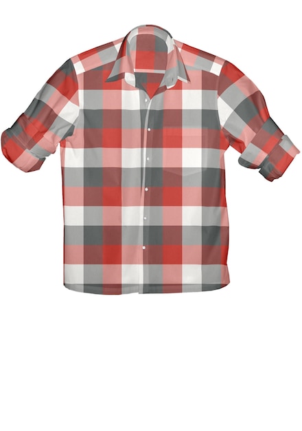 A red and grey plaid shirt with a white background