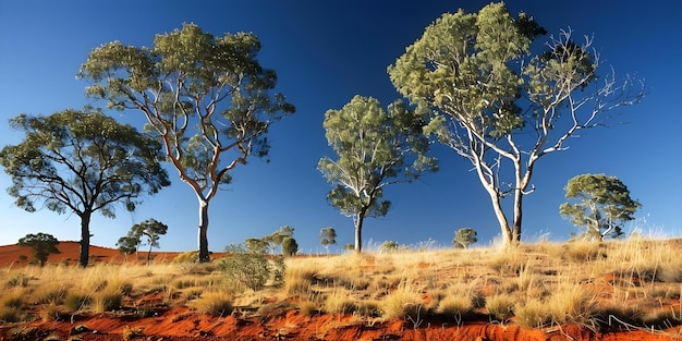 Photo red gum trees in the flat landscape of the australian outback a remote and serene sight concept nature photography australian landscapes remote wilderness red gum trees outback serenity