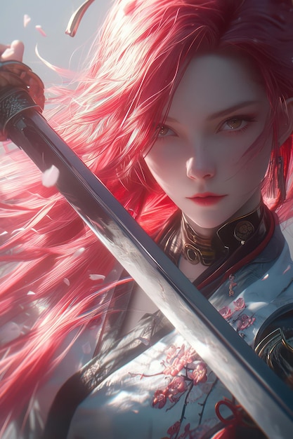 red hair anime female warrior illustration