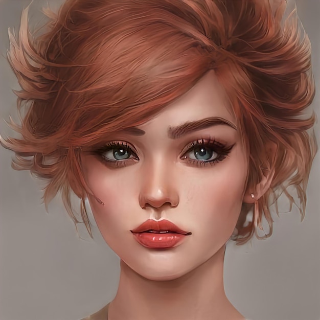 Red-haired beauty woman portrait close-up. Bright red hair, intense hair coloring. Redhead curly hair. Beauty makeup face. Illustration