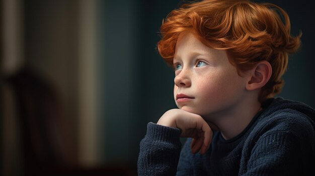 Red haired boy looking pensively away against a dark gray background