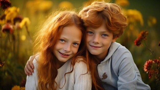 Photo red haired girl in autumn with red haired brother