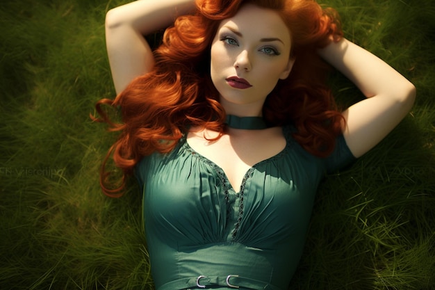 Photo red haired woman laying in grass