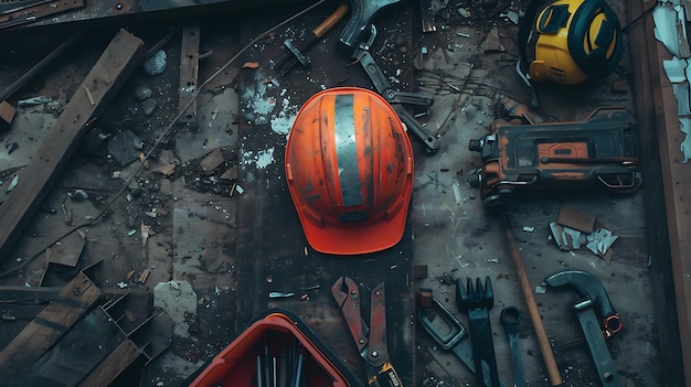 a red hard hat is on the floor next to some tools