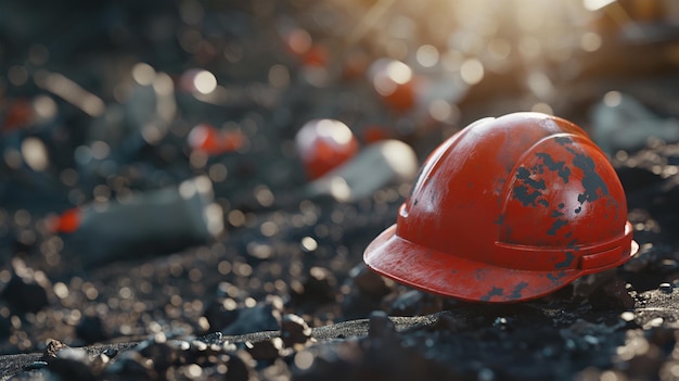 Red Hard Hat on a Pile of Construction Rocks