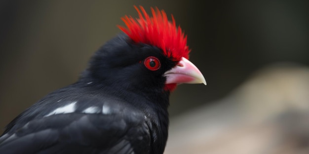 A red head of a black bird with a red beak