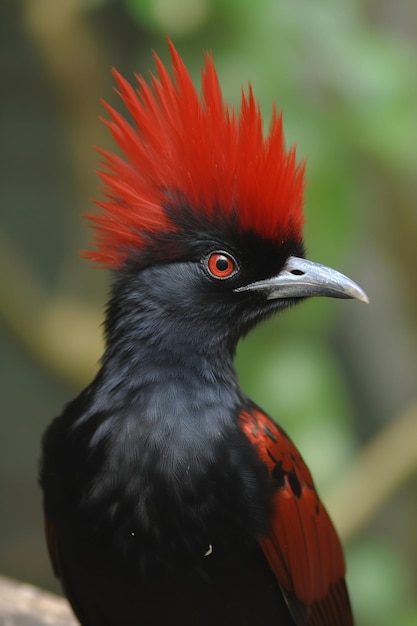 A red - headed bird with a black head and red feathers.