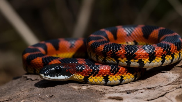 A red - headed snake is curled up on a rock.