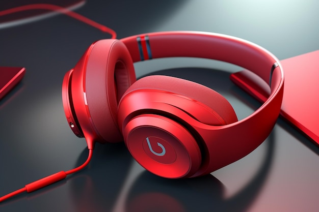 Red Headphones with Laptop on Table 3d Rendering