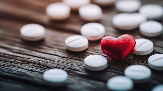 Photo red heart among white pills a symbol of love and health