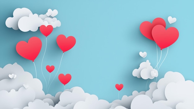 Red heart balloons floating in blue sky with white clouds