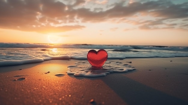 Red heart on the beach at sunset Valentine's day conceptgenerative ai