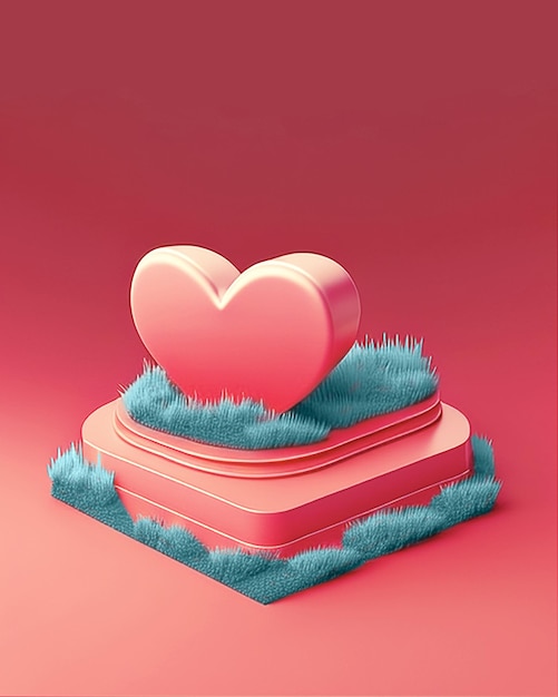 Red heart and blue grass with red podium presentation. 3d product scene