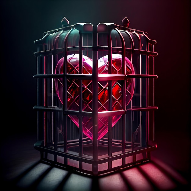 Red Heart in a cage isolated on black background