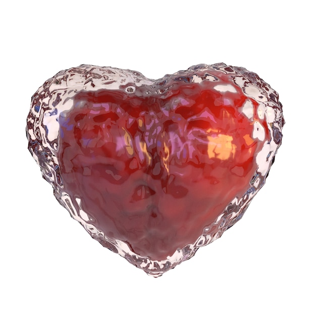 Red heart covered with ice, isolated on white background. 