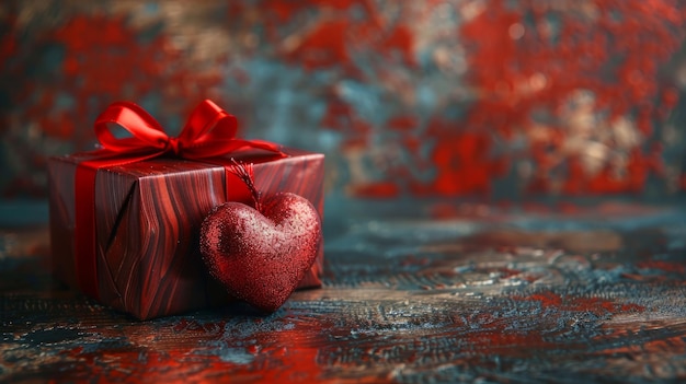 Red heart and gift box on decorative surface with colorful background