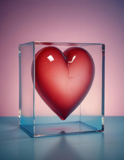 a red heart in a glass container with a tag on it