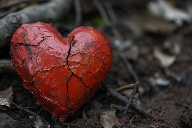 Red heart on the ground in the forest Valentines Day