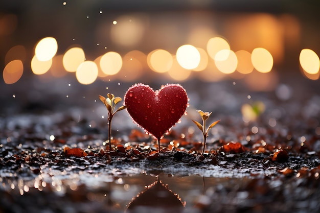 Red heart on the ground with bokeh background Love concept