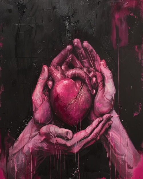 Photo red heart in the hands of a man painted with pink paint