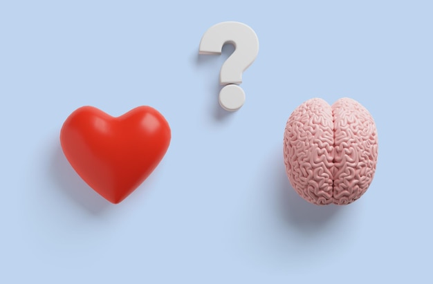 Red heart and human brain on a blue background with a question mark 3d render