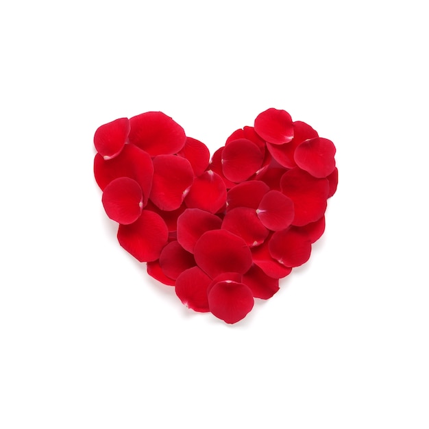 Red heart made of rose petals on a white Valentines day