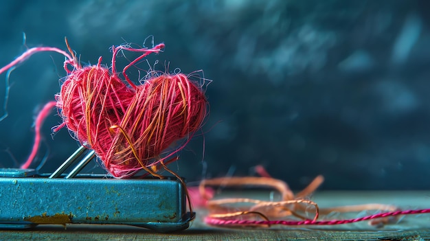 Photo a red heart made of threads is pierced by a metal staple on a dark background