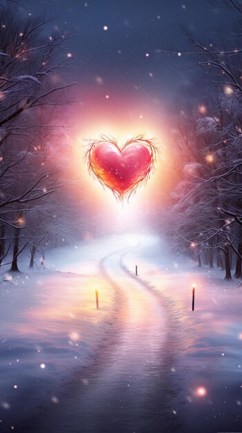 Red heart middle snowy road painting image AI generated art