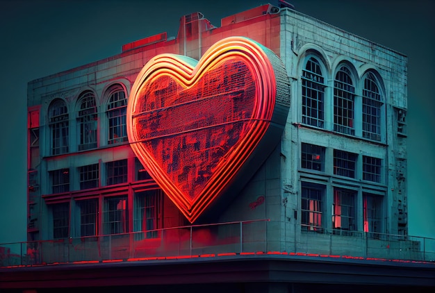 The red heart neon lighting symbol is in front of a building on the main road in the city background Sign and symbol concept Digital art illustration Generative AI