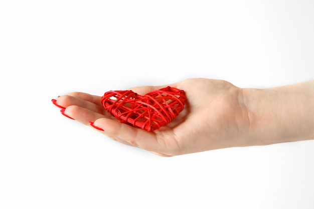 Red heart in the palm on a white background