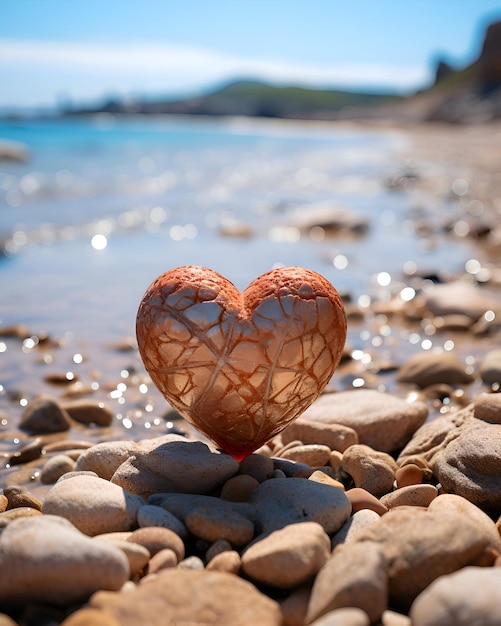 Red heart on a pebble beach Valentines day background