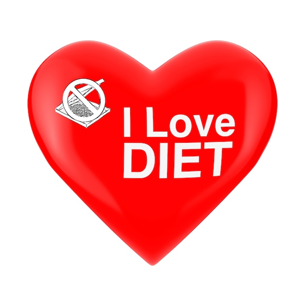 Red Heart Pin Badges with I Love Diet Sign on a white background. 3d Rendering