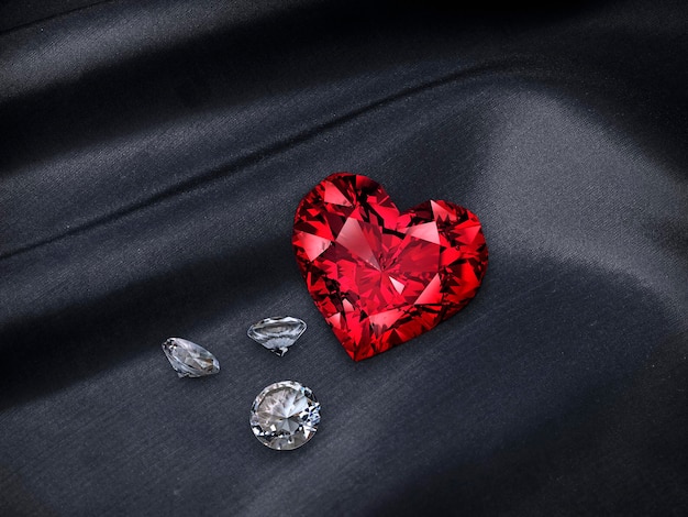 Red Heart shaped diamond on dark color fabric background 3d render