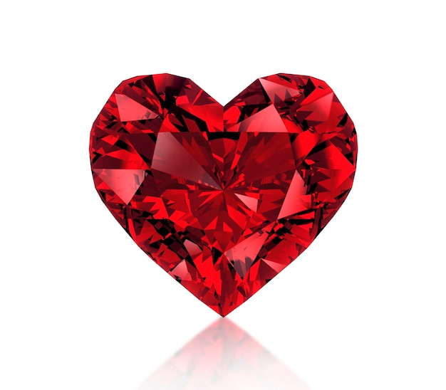 Red heart shaped diamond isolated on white background 3D render