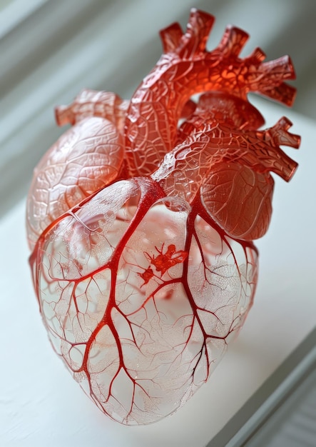 a red heart shaped object is placed on a table