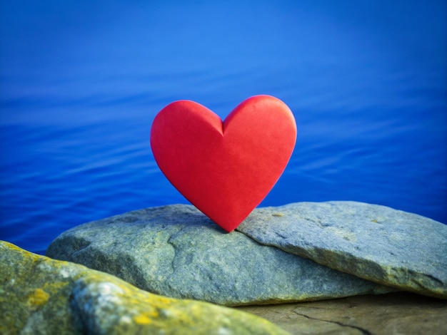 a red heart shaped piece of paper sits on a rock