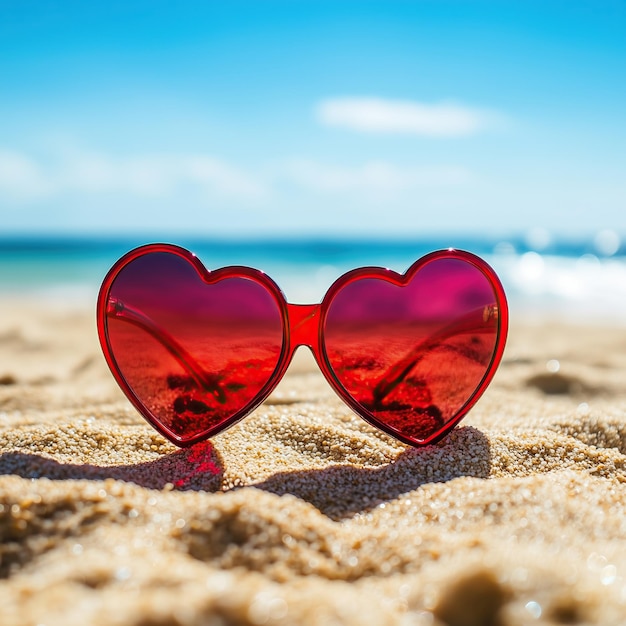 Red heart shaped sunglasses on beach