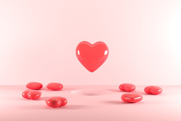 Red Heart Shapes Floating from hole on pink background. 3D Render. Minimal Valentine Concept Idea.