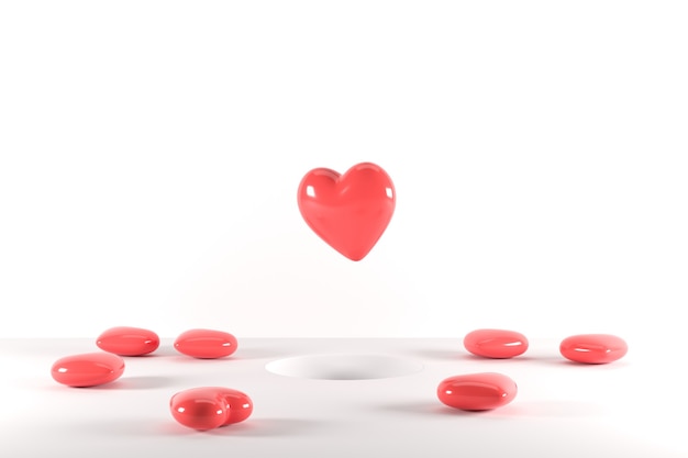 Red Heart Shapes Floating from hole on pink background 3D Render Minimal Valentine Concept Idea