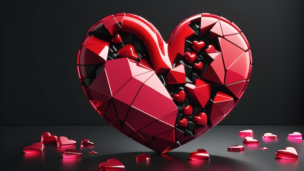 Red heart shattered into smaller heart pieces Glass texture Dark background Broken heart